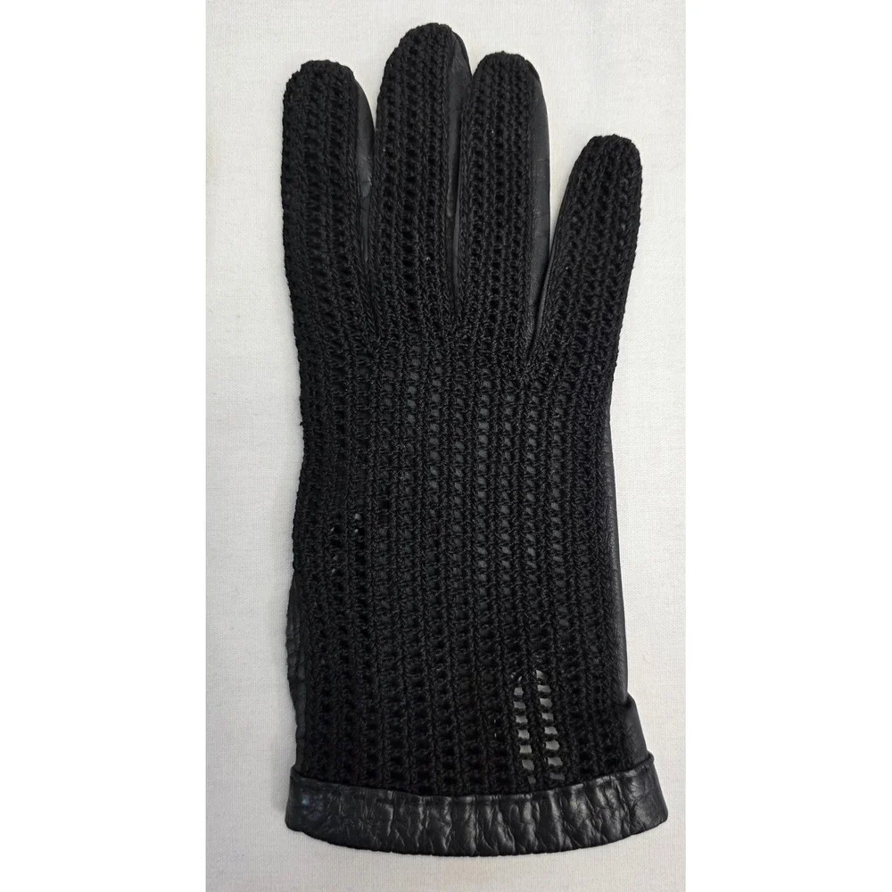 Vintage Style Black Crochet and Leather Driving Gloves Keyhole Back Mens Womens